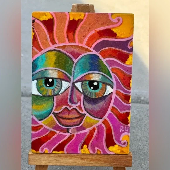 ACEO miniature, painting and magnet. Handmade whimsical sun with mini easel - Picture 1 of 3